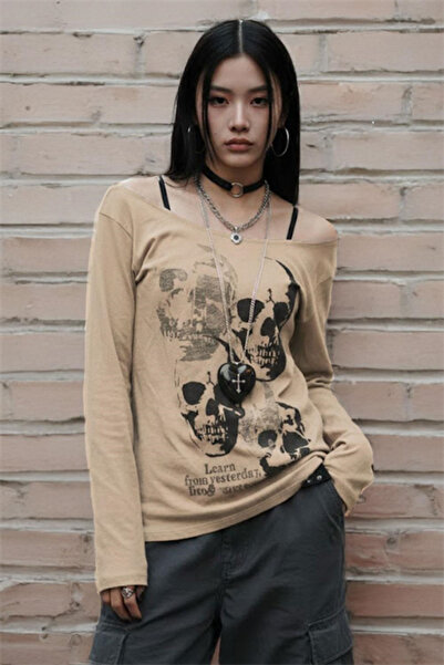 Karakedi Bej Gotik Skulls Askılı Y2K Uzun Kollu Crop