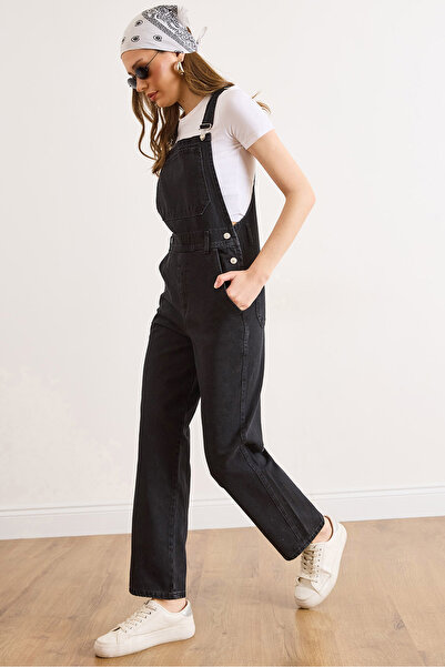 Olalook Γυναικεία Μαύρη Σαλοπέτα Τζιν με Τσέπες Καγκουρό SLP-19000042