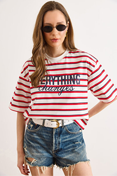 Olalook Γυναικείο λευκό κόκκινο μπλουζάκι με λαιμόκοψη ποδηλάτου, ριγέ, χαλαρ...