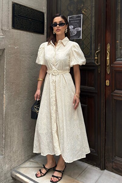 BEJNA Γυναικείο φόρεμα με μανίκια μπαλόνι, ζώνη και επένδυση, υφαντό με κεντη...