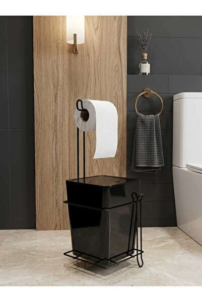 sitil eviniz Siyah Telli 2'li Kare WC Kağıtlığı WC Fırçalığı Çöp Kovası Seti,...