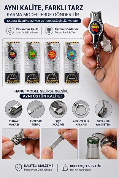 Uniquem Çok Amaçlı Tırnak Makası Yaylı Anahtarlıklı Şişe Açacak Paslanmaz Çelik Keskin Pro