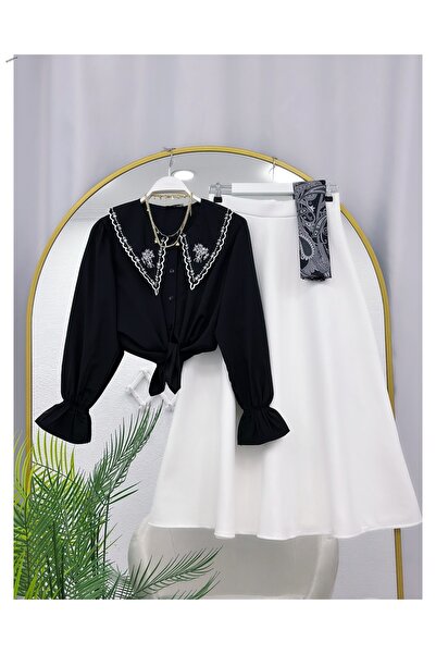 YEDİLALE Embroidered Collar Shirt Puff Scuba Flared Skirt Dual Set [Excluding...