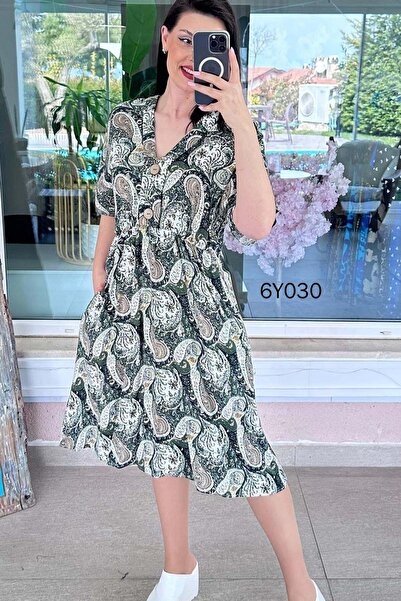 İnce Topuk V-Neck Button Detail Viscose Dress 6Y030