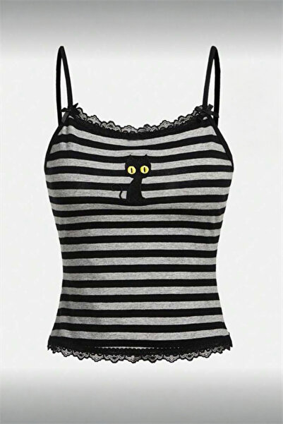 Karakedi Μαύρο γκρι ριγέ μαύρο γάτο με λεπτομέρεια από δαντέλα και φιόγκο στο...