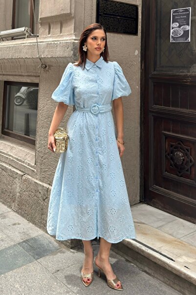 BEJNA Γυναικείο φόρεμα με μανίκια μπαλόνι, ζώνη και επένδυση, υφαντό με κεντη...