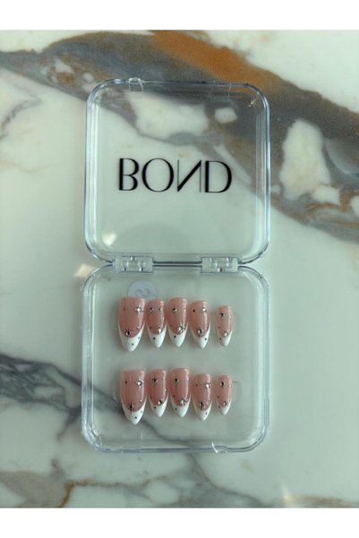Bond Gel Press-On Nails in White French Tip — Silver Star & Crystal Detail, Almond Shape -M-Prayer Friendly Gel Nail Tips Colorful – Easy Remove Press-On Nails, Reusable