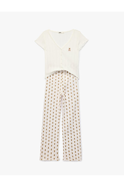 Koton Βαμβακερό σετ πιτζάμες με κοντό μανίκι και λαιμόκοψη V