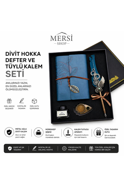 Mersi SHOP Divit Hokka Tüylü Kalem ve Deri Defter Seti Vintage Kaligrafi Hedi...