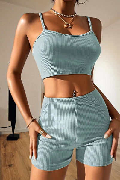 Nemere Kadın Açık Mavi Kaşkorse Şortlu Crop Atlet Takım Esnek Kumaş Yüksek Bel