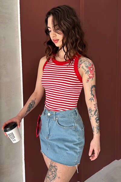 Chicup Aura Γυναικεία Κόκκινη Φαρδιά Πλεκτή Μπλούζα με Γιακά Halter και Ριμπ Υφή