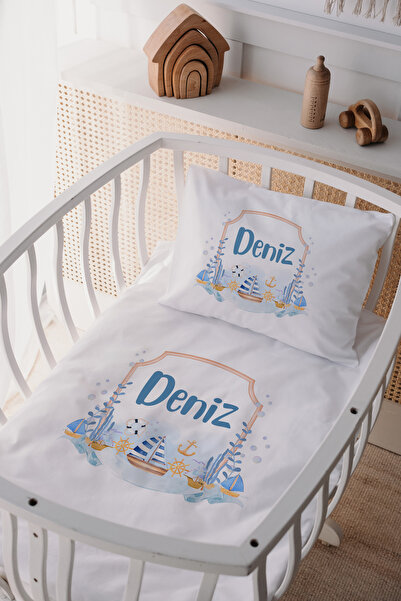 Lilabio %100 Pamuk Saten İsme Özel Anne Yanı Beşik Nevresim Takımı Denizci