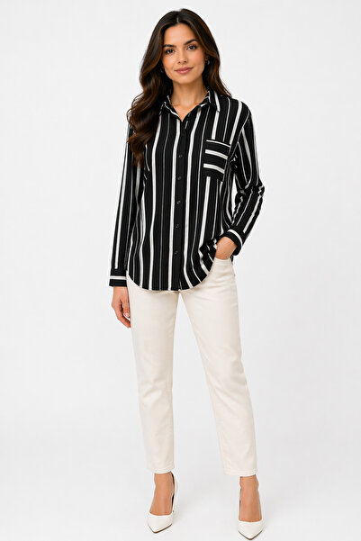 Nuevo Women's Black and White Striped Shirt with Pockets, Long Sleeve Viscose...