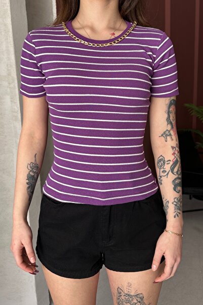 Chicup Γυναικεία Μωβ και Λευκή Πλεκτή Μπλούζα με Αλυσίδα και Κορδόνια