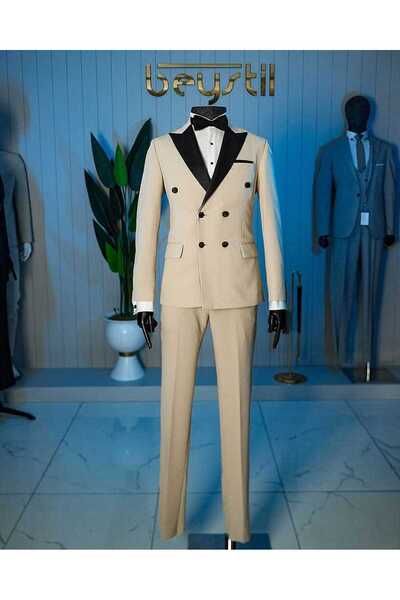 Beystil Sivri Yaka Krem Damatlık & Smokin Kruvaze Takım - Slim Fit