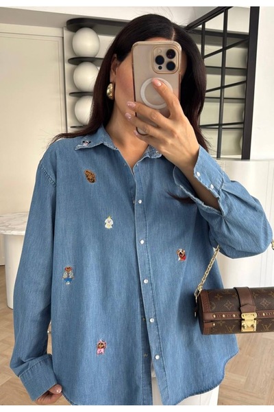 Mzr Collection KADIN MAVİ MİNİ FİGÜR DESENLİ DENİM GÖMLEK