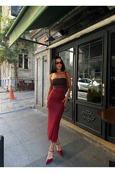 Stil Sepeti Kadın Bordo Maxi Elbise Straplez Tül Detaylı Renk Geçişli Abiye E...