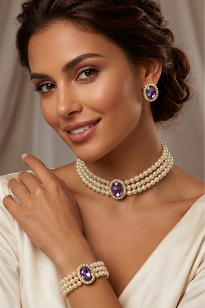 Happyline Glass Pearl Lila Oval Stone Gold Plated Pearl Choker Necklace Desig...