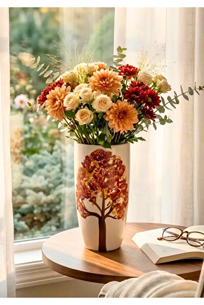 HOMİNG Sienna Sonbahar Dekoratif Ağaç Motifli Seramik Saksı 24 cm