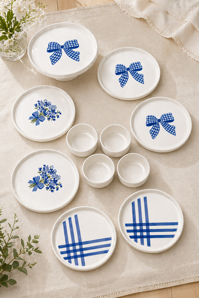 Papart Blue Gift 6 Kişilik 11 Parça Seramik Kahvaltı Takımı Mavi Desenli Mode...