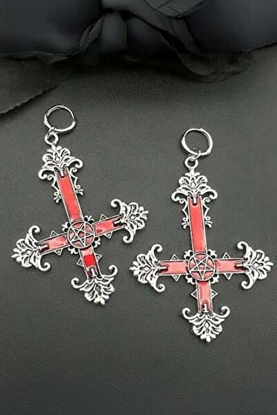 Karakedi Silver Kırmızı Gotik Cross Pentagram küpe