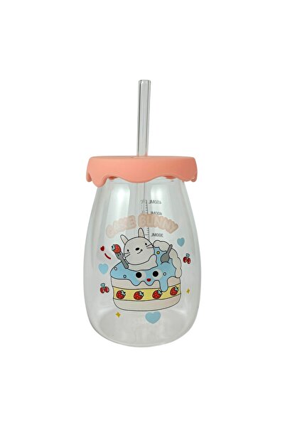 OEM Γυάλινο ποτήρι με ροζ καπάκι και καλαμάκι  "Happy Baby "