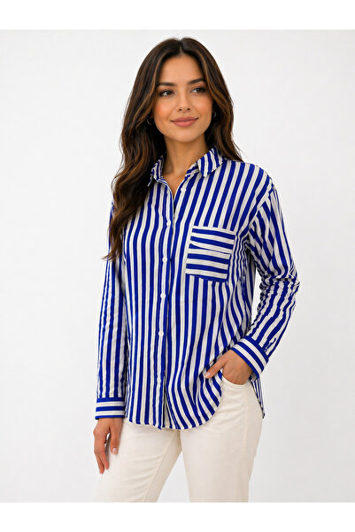 Nuevo Women's Saks Blue and White Striped Shirt with Pockets and Long Sleeves -