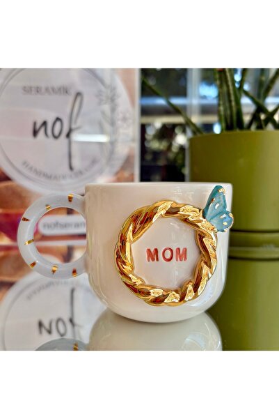 NOF El Yapımı Seramik Gerçek 24K Altın Dekorlu Mom Kupa