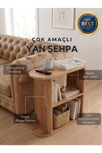 varje Ahşap İki Raflı Yan Sehpa, Salon Sehpası Çok Amaçlı Dekoratif Sehpa