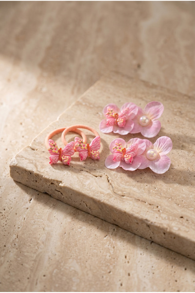 Katia&Bony Σετ 4 τεμαχίων λουλουδάτων σκούρων ροζ αγκράφες με αξεσουάρ