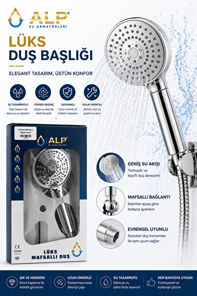 Alp Lüks Duş Başlığı Yüksek Basınçlı, Su Tasarruflu, Modern Tasarım Duş Spreyi