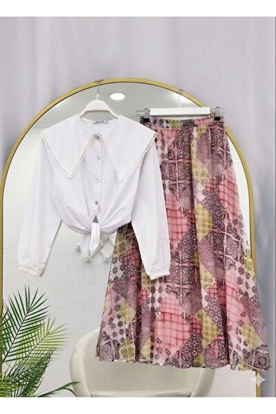 VOLT CLOTHİNG Λευκό πουκάμισο με σχέδιο φύλλων και ελαστική μέση, φούστα από ...