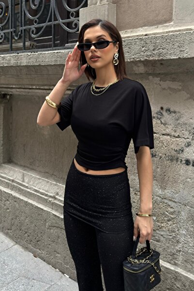 BEJNA Women's Side Gathered Crew Neck Soft Blouse