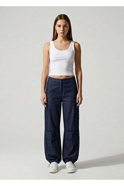Nineteen Brand Düşük Bel Paçası Ayarlanabilir Denim Kargo Pantolon