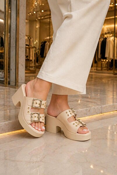 MODAONN Γυναικείες χρυσές λεπτομερείς παντόφλες με διπλή πόρπη, vintage, με χ...