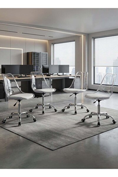 Taimi Set-4 Modern Clear White Office Chair, Swivel Adjustable Height, Padded...