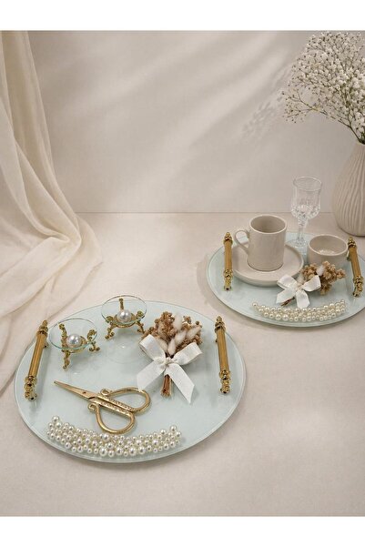 Nura Collection İncili Söz Nişan Tepsi Seti Gold, İncili Damat Kahve Tepsisi,...