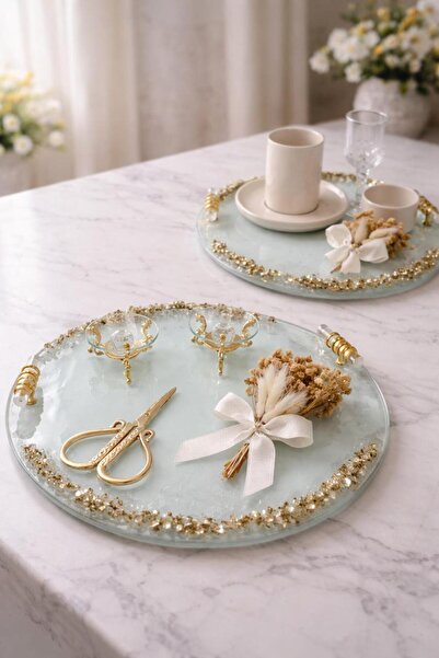 Nura Collection Gold Taşlı Yuvarlak Söz Nişan Tepsi Seti , Gold Taşlı Damat K...