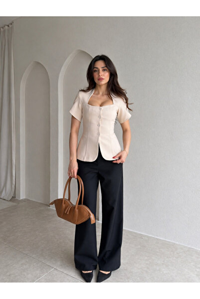 TOFİX textile Women's square neck buttoned chic fit blouse short sleeve