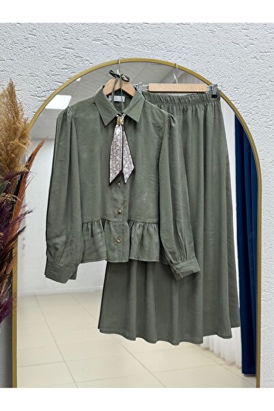 BENAHOLL Σετ Payman με Φουλάρι Λεοπάρ και Φούστα με Έξι Βολάν-NA3439 Χακί