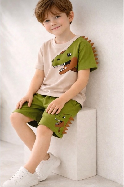 Honey Kids Erkek çocuk dinozor desen şortlu alt üst takım