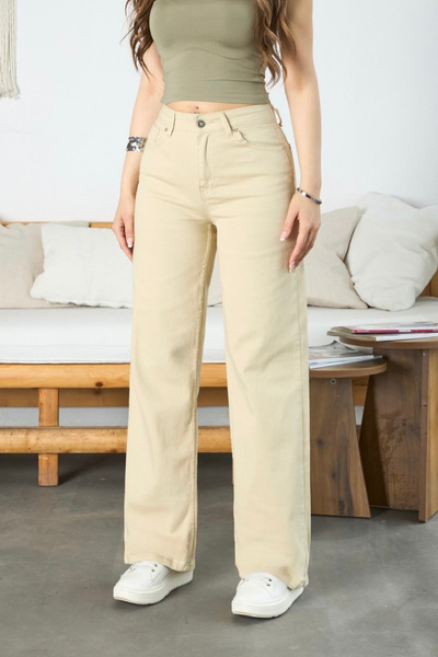 BİKELİFE Γυναικείο καφέ ψηλόμεσο φαρδύ τζιν παντελόνι