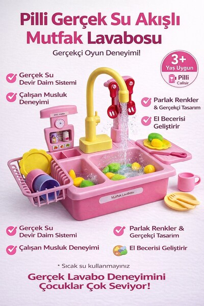 TOYSTURKA Pilli Mutfak Lavabosu Oyuncak | Su Akıtan Gerçekçi Lvabo Eğitici Mu...