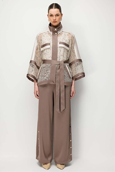 Moda İlgi Modailgi Oversize Saten Kombinli Pullu File Tunik - 40125 Taş