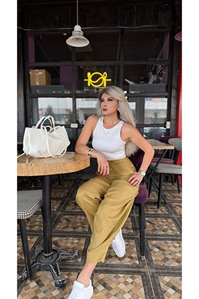 Hardal Yüksek Bel Keten Relax Pantolon