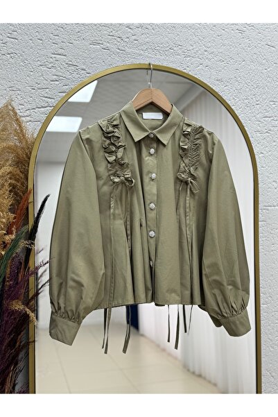 MİHRA STORE Yelique Κοντό Πουκάμισο με Σούρες στους Ώμους-BN4393 Μέντα