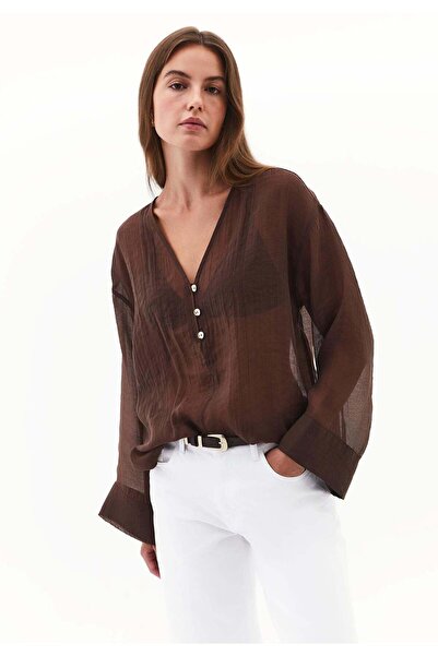 OXXO Tunic Blouse With Button Details - CHICORY COFFEE