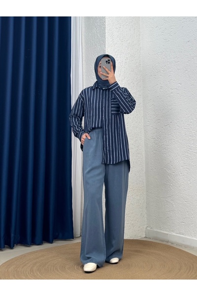 MİHRA STORE Πουκάμισο Yankı Hella με ρίγες και μία τσέπη-NA878 Ναυτικό μπλε