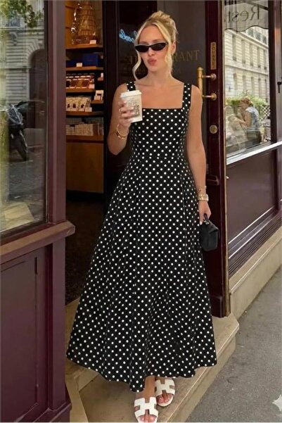 Neşeli Butik γυναικείο μαύρο φόρεμα με χοντρές τιράντες και πουά σχέδιο σε όλ...