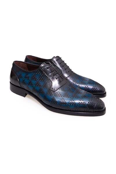 FRANCO CALVANI Dark Blue Color Lace-Up Genuine Leather Leather Sole Men's Shoes